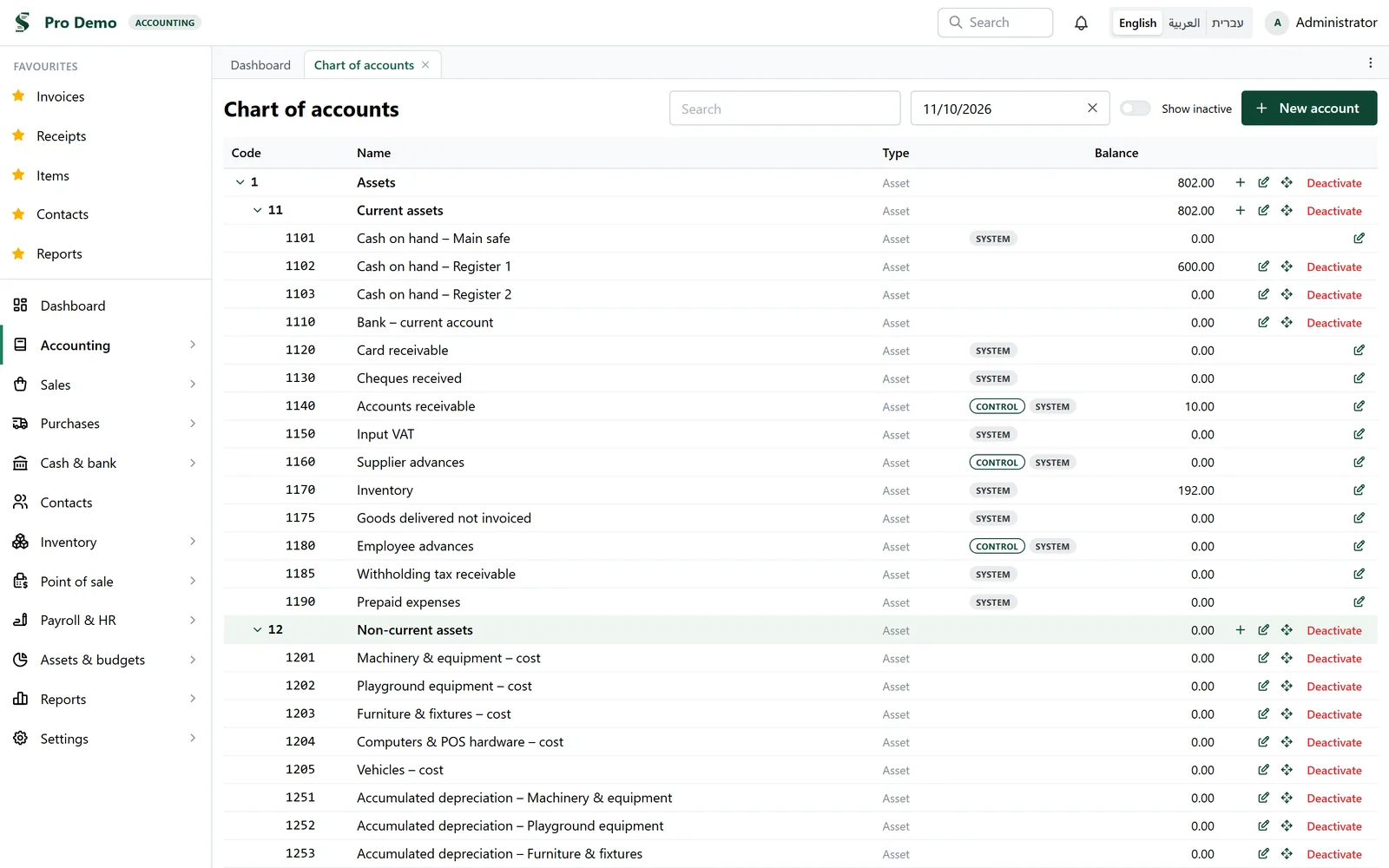 Sanad: the chart of accounts with balances, in a demo company